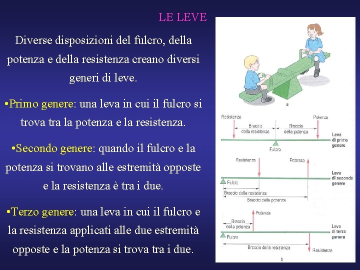 LE LEVE Diverse disposizioni del fulcro, della potenza e della resistenza creano diversi generi