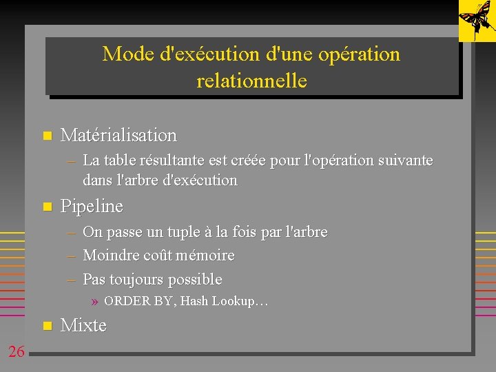 Mode d'exécution d'une opération relationnelle n Matérialisation – La table résultante est créée pour Mode d'exécution d'une opération relationnelle n Matérialisation – La table résultante est créée pour