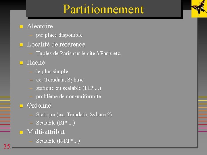 Partitionnement n Aléatoire – par place disponible n Localité de référence – Tuples de Partitionnement n Aléatoire – par place disponible n Localité de référence – Tuples de
