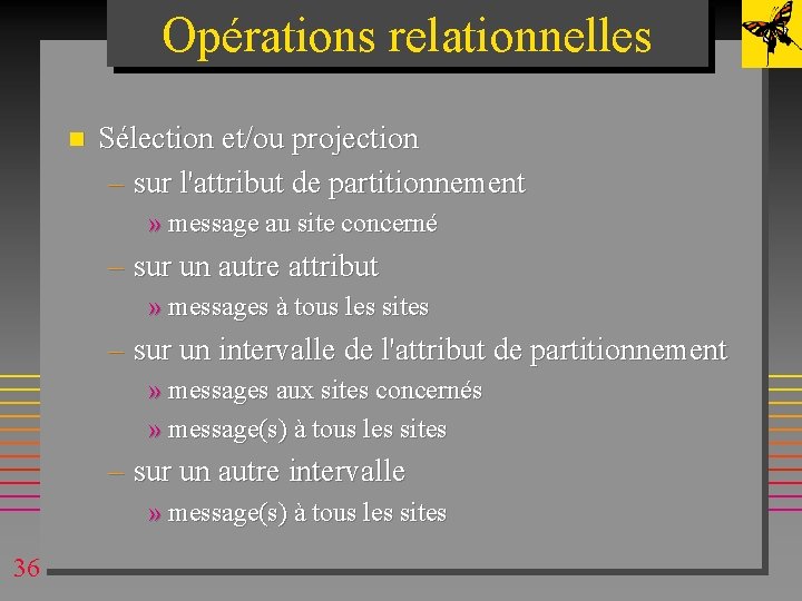 Opérations relationnelles n Sélection et/ou projection – sur l'attribut de partitionnement » message au Opérations relationnelles n Sélection et/ou projection – sur l'attribut de partitionnement » message au
