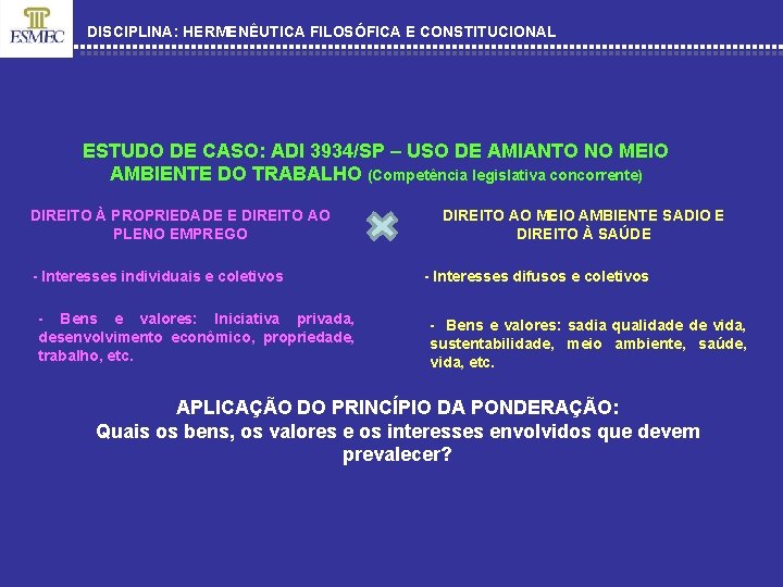 DISCIPLINA: HERMENÊUTICA FILOSÓFICA E CONSTITUCIONAL ESTUDO DE CASO: ADI 3934/SP – USO DE AMIANTO