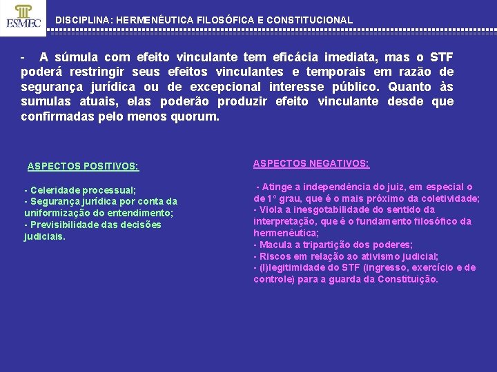 DISCIPLINA: HERMENÊUTICA FILOSÓFICA E CONSTITUCIONAL - A súmula com efeito vinculante tem eficácia imediata,