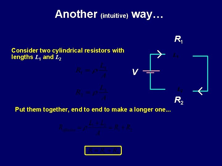 Another (intuitive) way… R 1 Consider two cylindrical resistors with lengths L 1 and