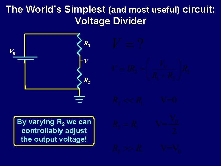 The World’s Simplest (and most useful) circuit: Voltage Divider R 1 V 0 V