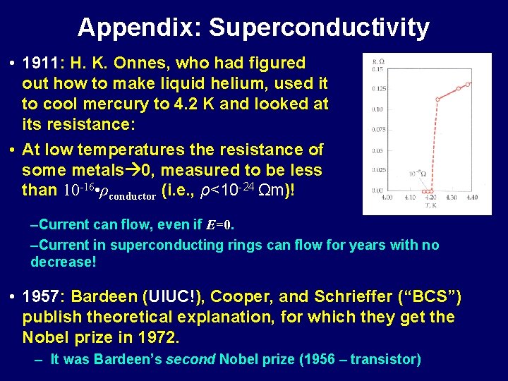 Appendix: Superconductivity • 1911: H. K. Onnes, who had figured out how to make