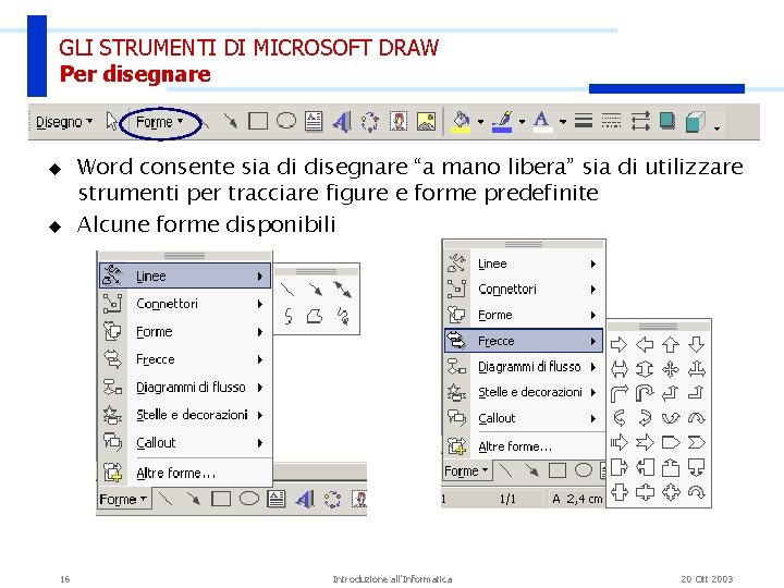 GLI STRUMENTI DI MICROSOFT DRAW Per disegnare u u 16 Word consente sia di