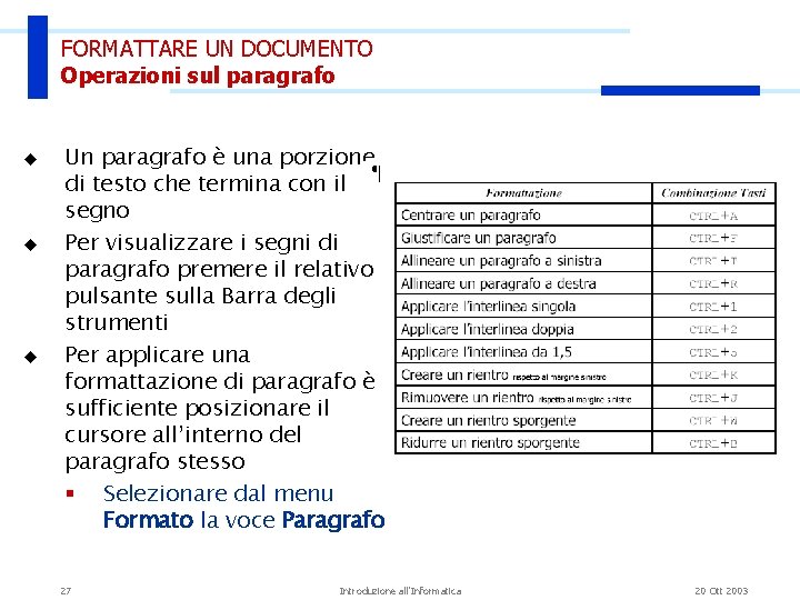 FORMATTARE UN DOCUMENTO Operazioni sul paragrafo u u u Un paragrafo è una porzione