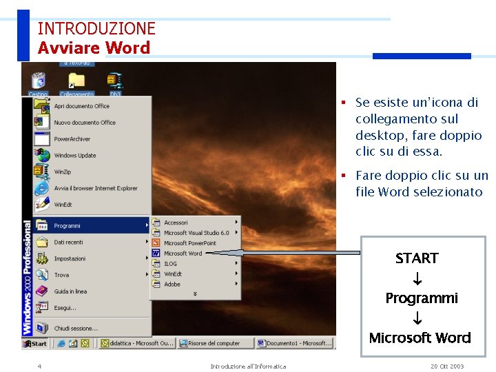 INTRODUZIONE Avviare Word § Se esiste un’icona di collegamento sul desktop, fare doppio clic