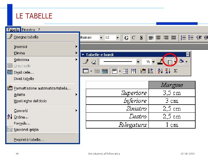 LE TABELLE 46 Introduzione all'Informatica 20 Ott 2003 