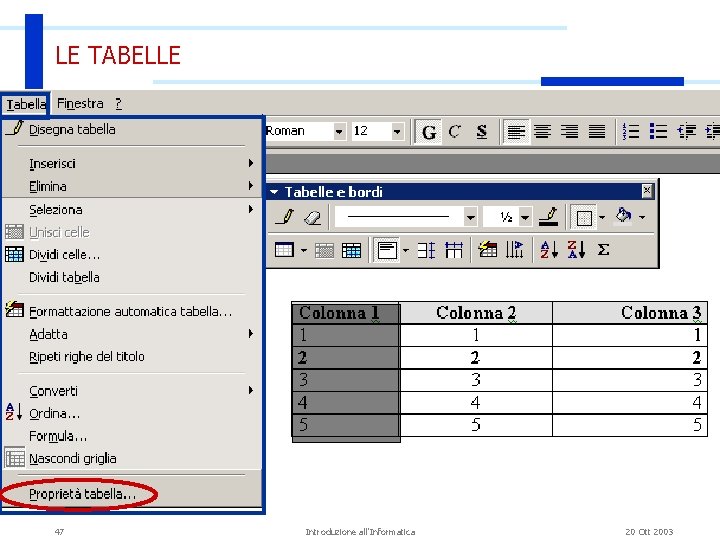 LE TABELLE 47 Introduzione all'Informatica 20 Ott 2003 