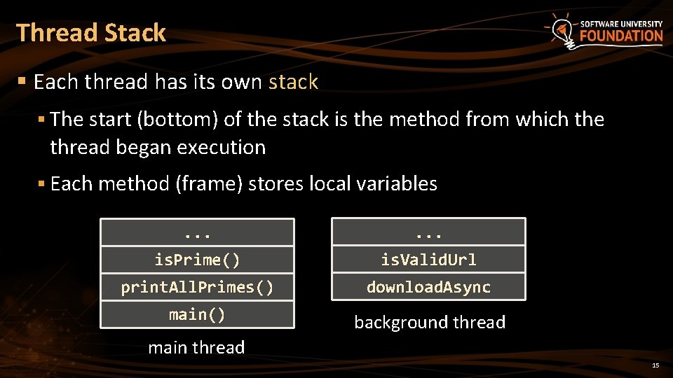 Thread Stack § Each thread has its own stack § The start (bottom) of