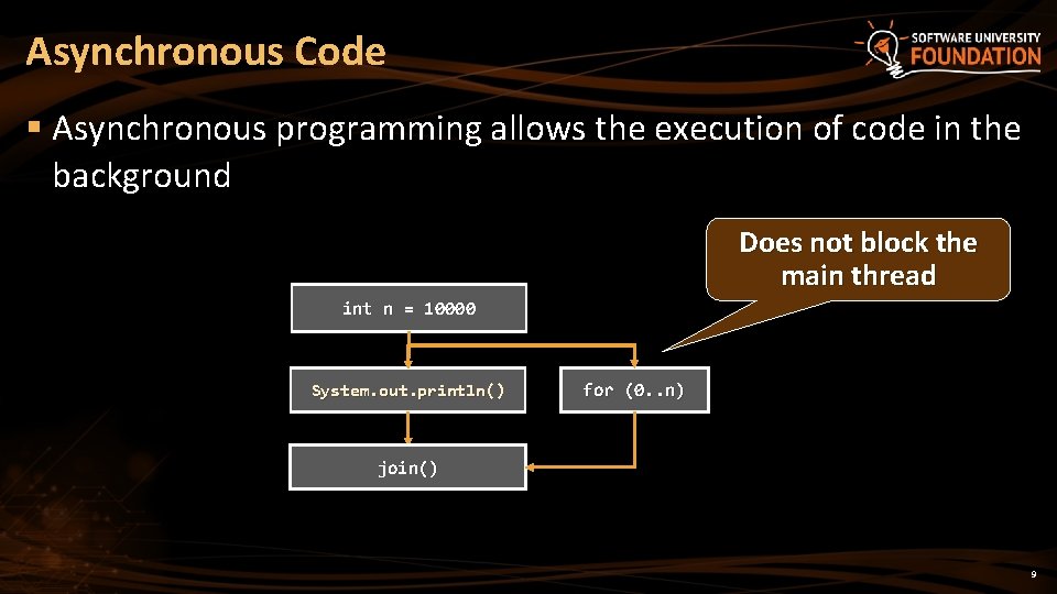 Asynchronous Code § Asynchronous programming allows the execution of code in the background Does