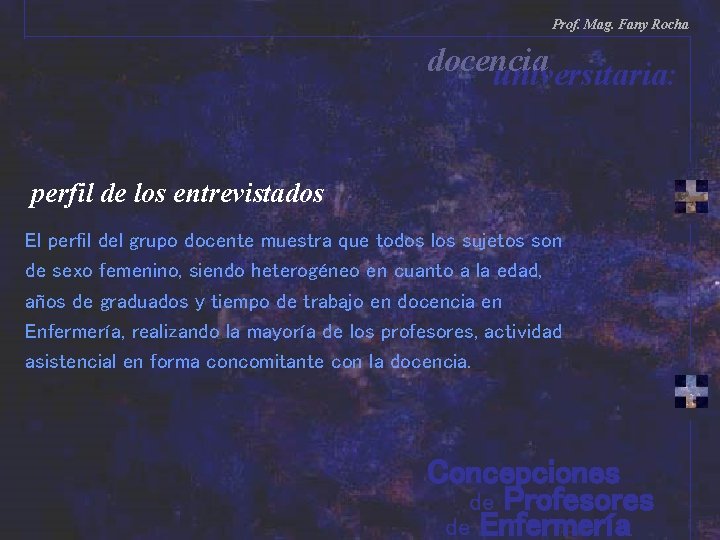 Prof. Mag. Fany Rocha docencia universitaria: perfil de los entrevistados El perfil del grupo Prof. Mag. Fany Rocha docencia universitaria: perfil de los entrevistados El perfil del grupo