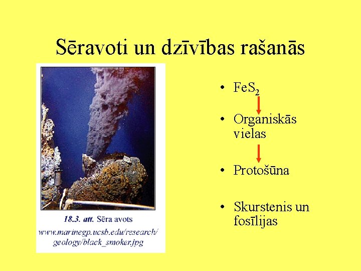 Sēravoti un dzīvības rašanās • Fe. S 2 • Organiskās vielas • Protošūna •