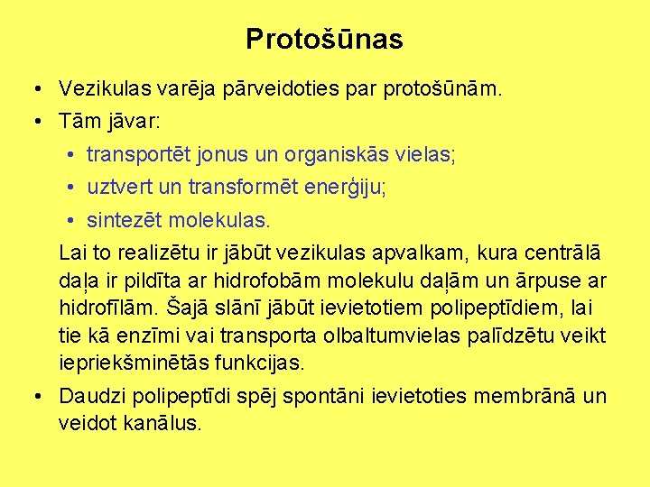 Protošūnas • Vezikulas varēja pārveidoties par protošūnām. • Tām jāvar: • transportēt jonus un