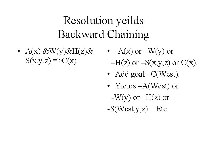 Resolution yeilds Backward Chaining • A(x) &W(y)&H(z)& S(x, y, z) =>C(x) • -A(x) or