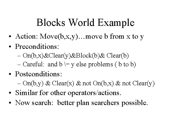 Blocks World Example • Action: Move(b, x, y)…move b from x to y •