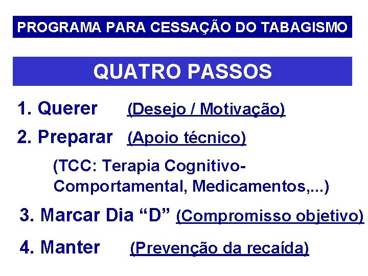 PROGRAMA PARA CESSAÇÃO DO TABAGISMO QUATRO PASSOS 1. Querer (Desejo / Motivação) 2. Preparar