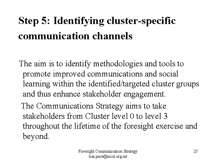 Step 5: Identifying cluster-specific communication channels The aim is to identify methodologies and tools Step 5: Identifying cluster-specific communication channels The aim is to identify methodologies and tools