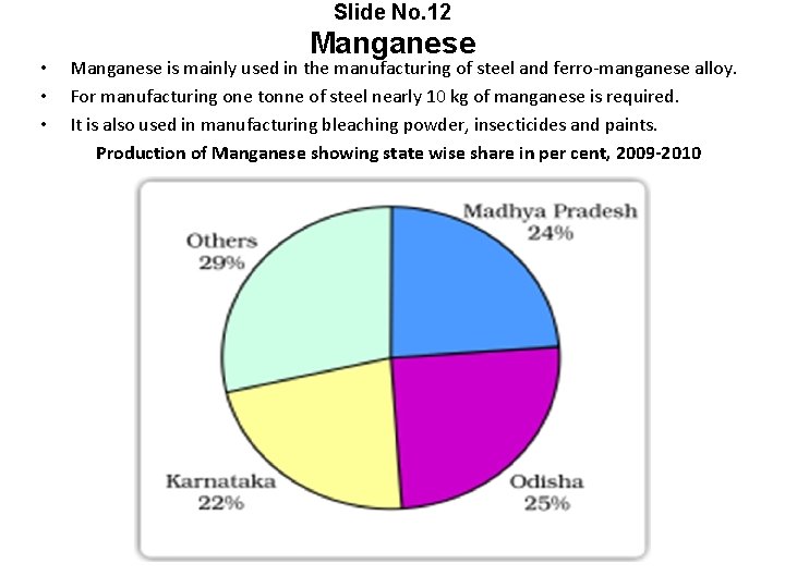 Slide No. 12 • • • Manganese is mainly used in the manufacturing of