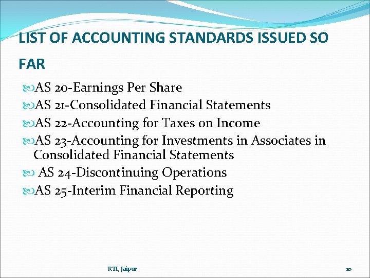 LIST OF ACCOUNTING STANDARDS ISSUED SO FAR AS 20 -Earnings Per Share AS 21 LIST OF ACCOUNTING STANDARDS ISSUED SO FAR AS 20 -Earnings Per Share AS 21