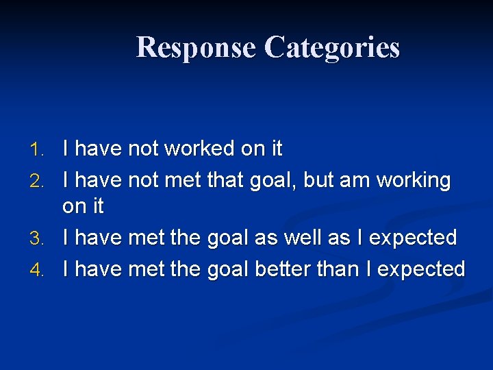 Response Categories 1. I have not worked on it 2. I have not met