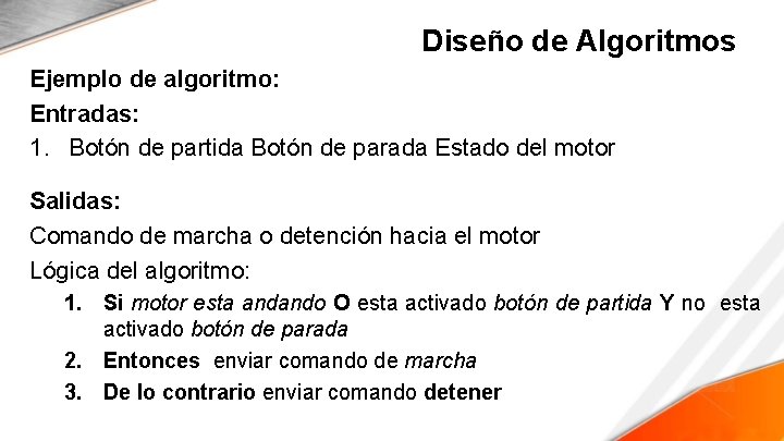 Diseño de Algoritmos Ejemplo de algoritmo: Entradas: 1. Botón de partida Botón de parada