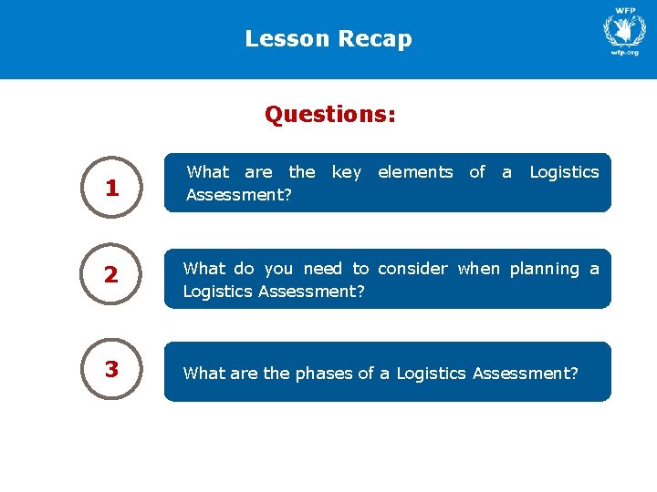 Lesson Recap Lesson Questions: 1 What are the Assessment? key elements of a Logistics