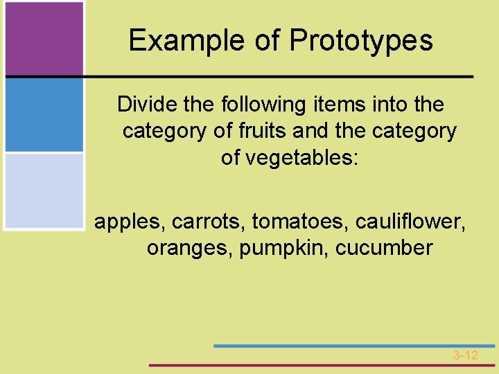 Example of Prototypes Divide the following items into the category of fruits and the
