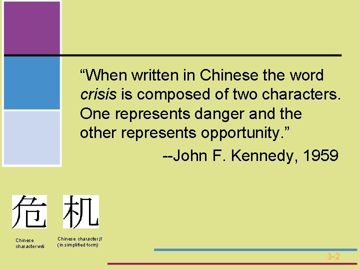 “When written in Chinese the word crisis is composed of two characters. One represents