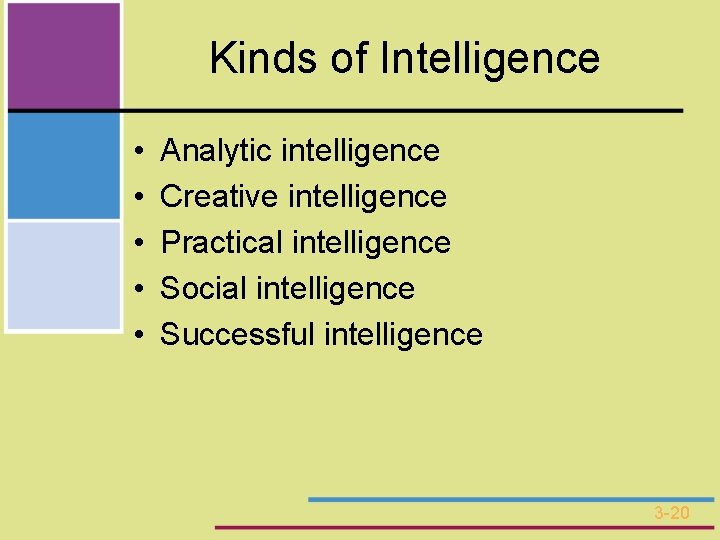 Kinds of Intelligence • • • Analytic intelligence Creative intelligence Practical intelligence Social intelligence