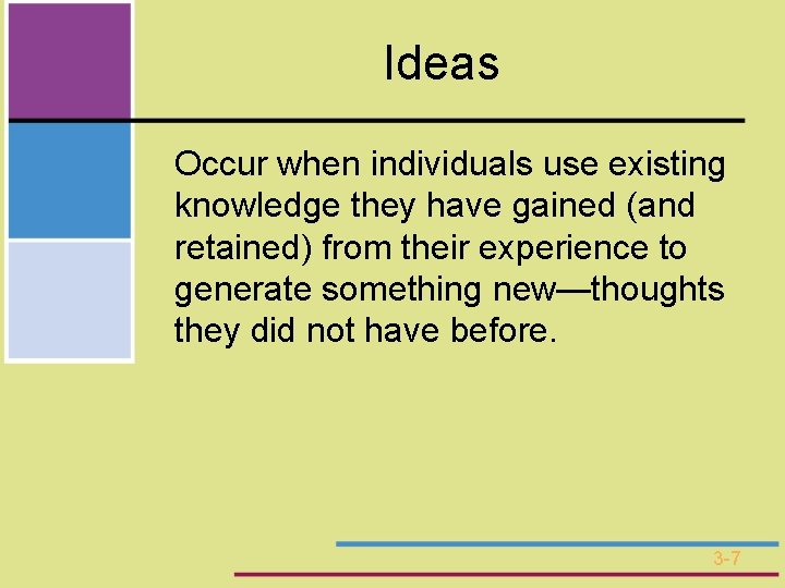 Ideas Occur when individuals use existing knowledge they have gained (and retained) from their