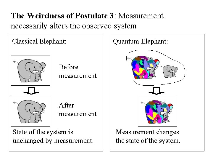 The Weirdness of Postulate 3: Measurement necessarily alters the observed system Classical Elephant: Quantum