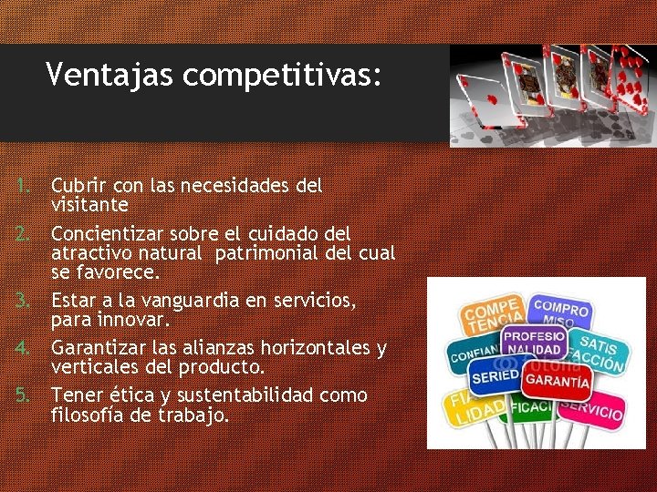 Ventajas competitivas: 1. Cubrir con las necesidades del visitante 2. Concientizar sobre el cuidado