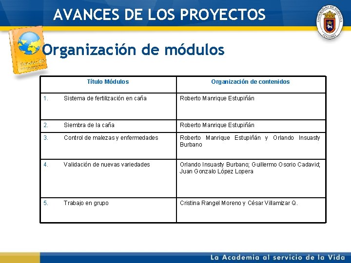 AVANCES DE LOS PROYECTOS Organización de módulos Título Módulos Organización de contenidos 1. Sistema