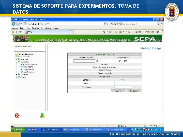 SISTEMA DE SOPORTE PARA EXPERIMENTOS. TOMA DE DATOS 