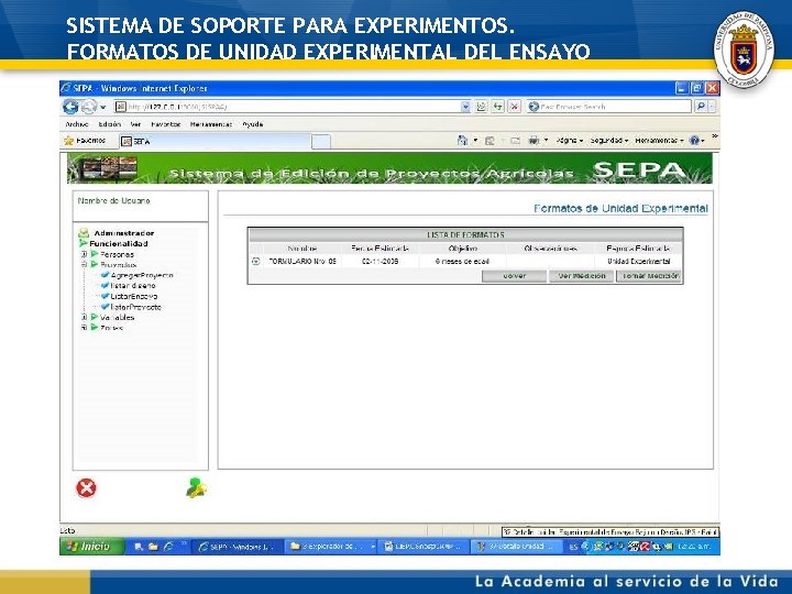 SISTEMA DE SOPORTE PARA EXPERIMENTOS. FORMATOS DE UNIDAD EXPERIMENTAL DEL ENSAYO 