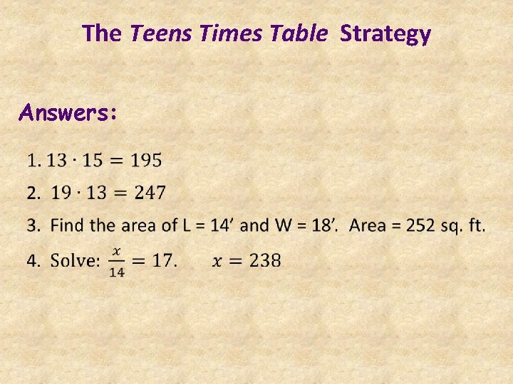 The Teens Times Table Strategy Answers: 