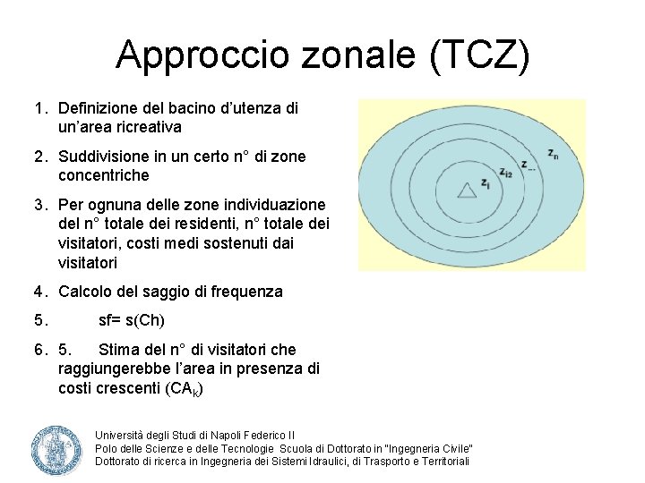 Approccio zonale (TCZ) 1. Definizione del bacino d’utenza di un’area ricreativa 2. Suddivisione in