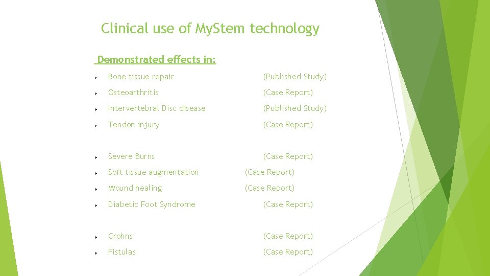 Clinical use of My. Stem technology Demonstrated effects in: Bone tissue repair (Published Study)