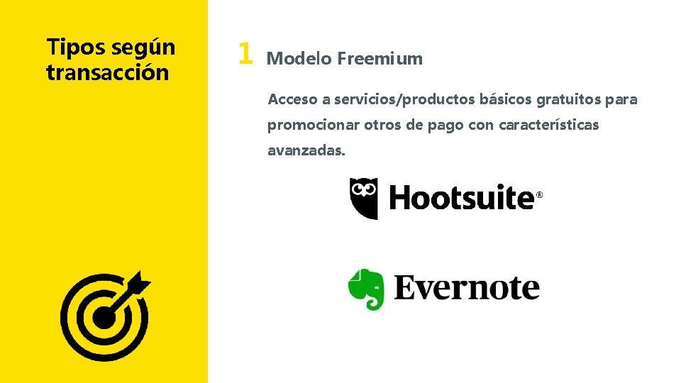 Tipos según transacción 1 Modelo Freemium Acceso a servicios/productos básicos gratuitos para promocionar otros