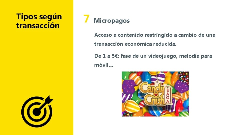 Tipos según transacción 7 Micropagos Acceso a contenido restringido a cambio de una transacción