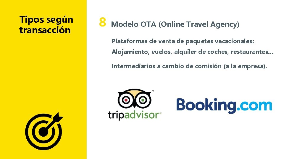 Tipos según transacción 8 Modelo OTA (Online Travel Agency) Plataformas de venta de paquetes