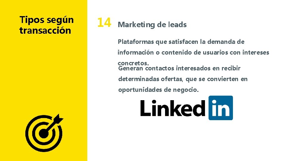 Tipos según transacción 14 Marketing de leads Plataformas que satisfacen la demanda de información