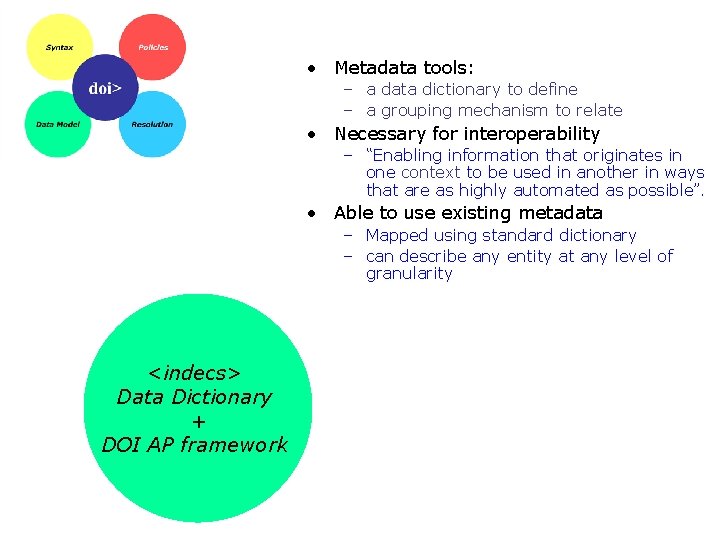  • Metadata tools: – a data dictionary to define – a grouping mechanism