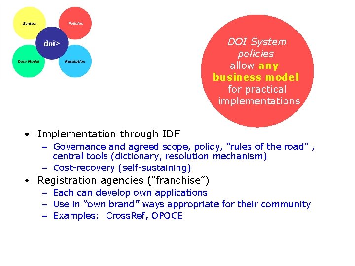 DOI System policies allow any business model for practical implementations • Implementation through IDF