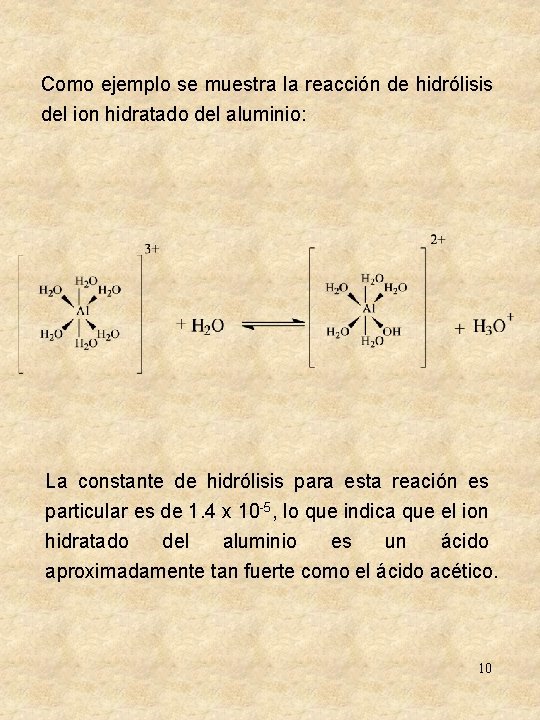 Como ejemplo se muestra la reacción de hidrólisis del ion hidratado del aluminio: La Como ejemplo se muestra la reacción de hidrólisis del ion hidratado del aluminio: La