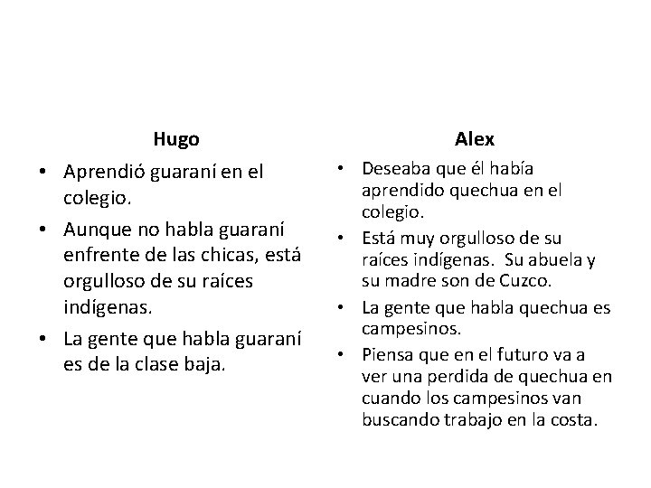 Hugo Alex • Aprendió guaraní en el colegio. • Aunque no habla guaraní enfrente