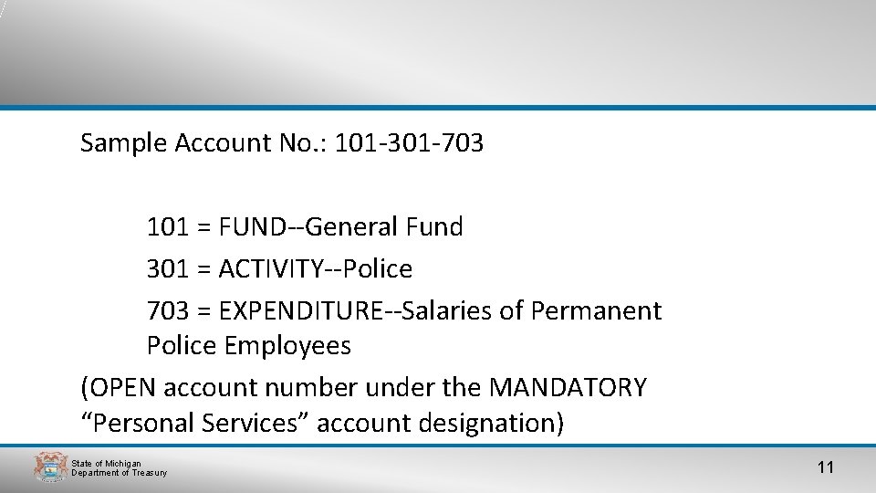 Sample Account No. : 101 -301 -703 101 = FUND--General Fund 301 = ACTIVITY--Police