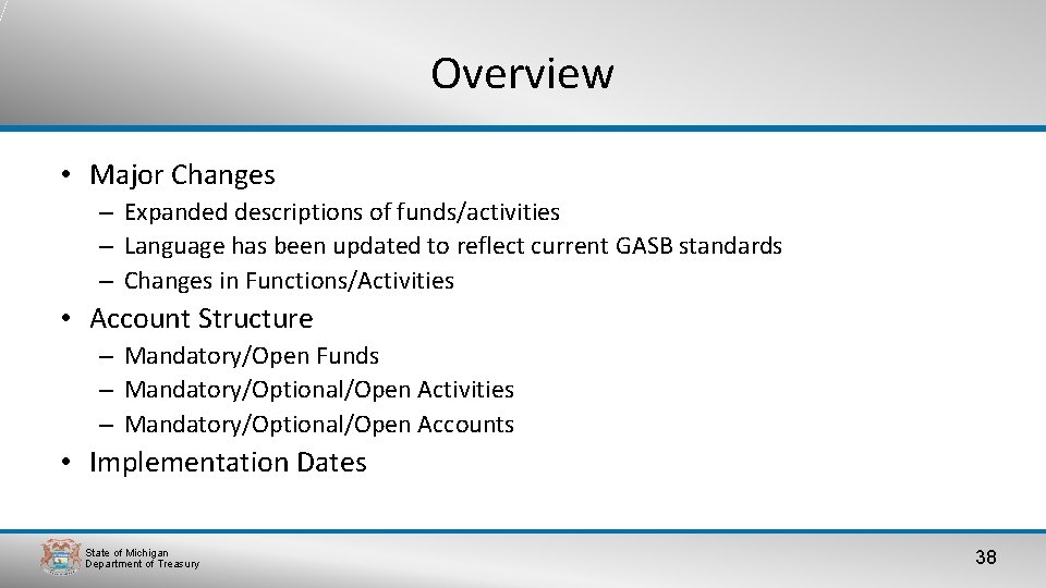 Overview • Major Changes – Expanded descriptions of funds/activities – Language has been updated Overview • Major Changes – Expanded descriptions of funds/activities – Language has been updated